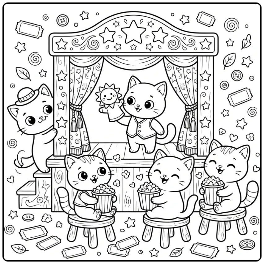 Kleurplaat kittens spelen theater met poppen en popcorn.