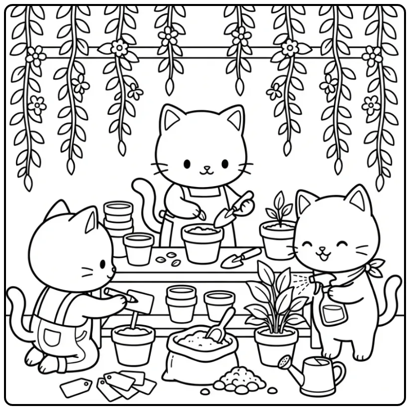 Kleurplaat kittens die plantjes verzorgen in potten.
