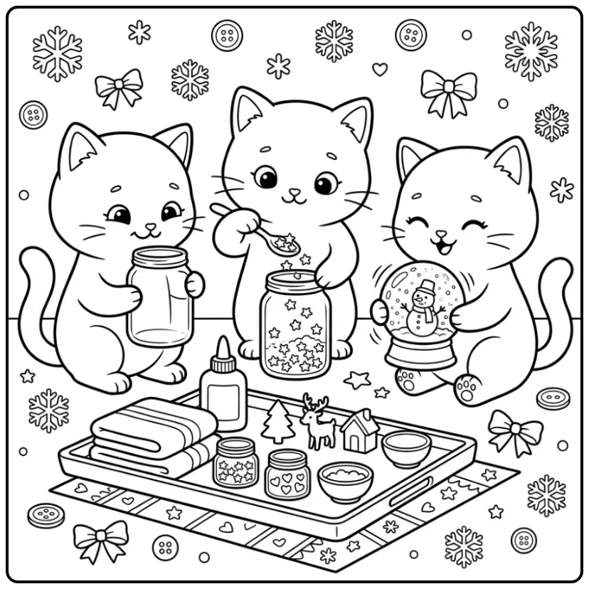 Kleurplaat kittens knutselen met potjes en glitters.