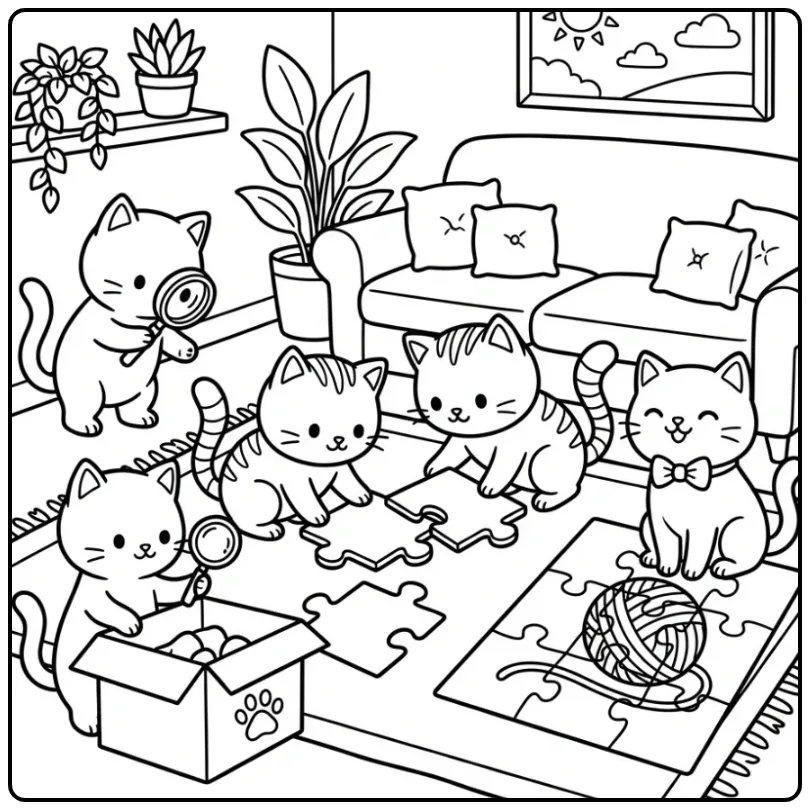 Vier lieve kleurplaat kittens leggen puzzelstukjes neer.