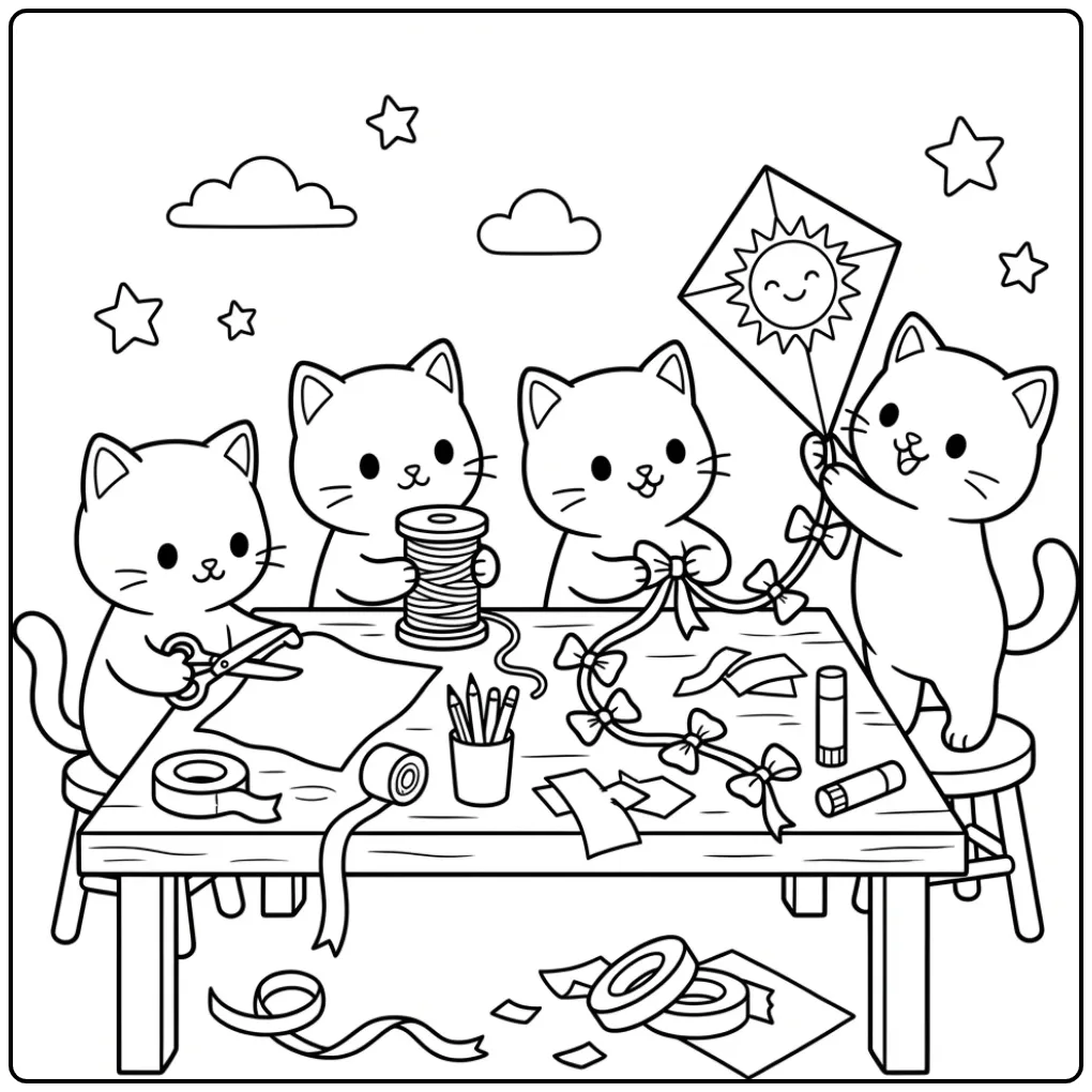 Vrolijke kleurplaat kittens die samen vliegers knutselen.