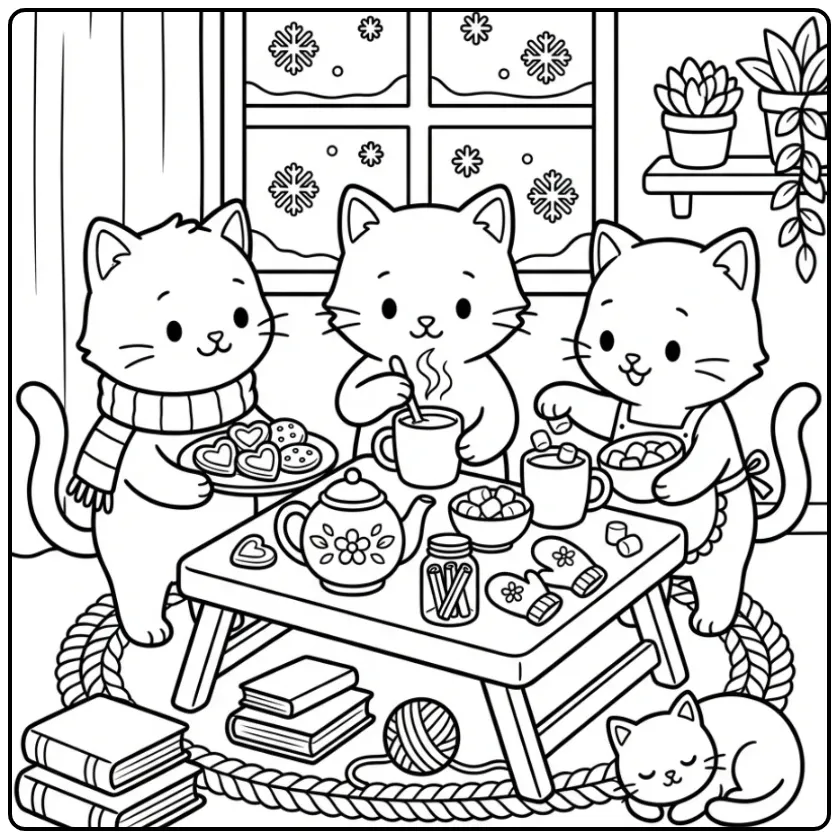 Winterse kleurplaat kittens maken samen warme chocolademelk