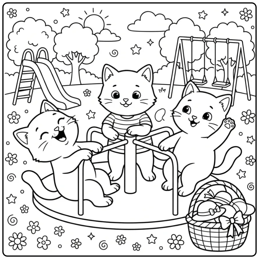 Vrolijke kleurplaat kittens spelend op een draaimolen.