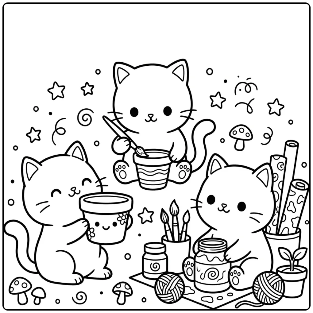 Drie creatieve kleurplaat kittens verven potten met kwasten.