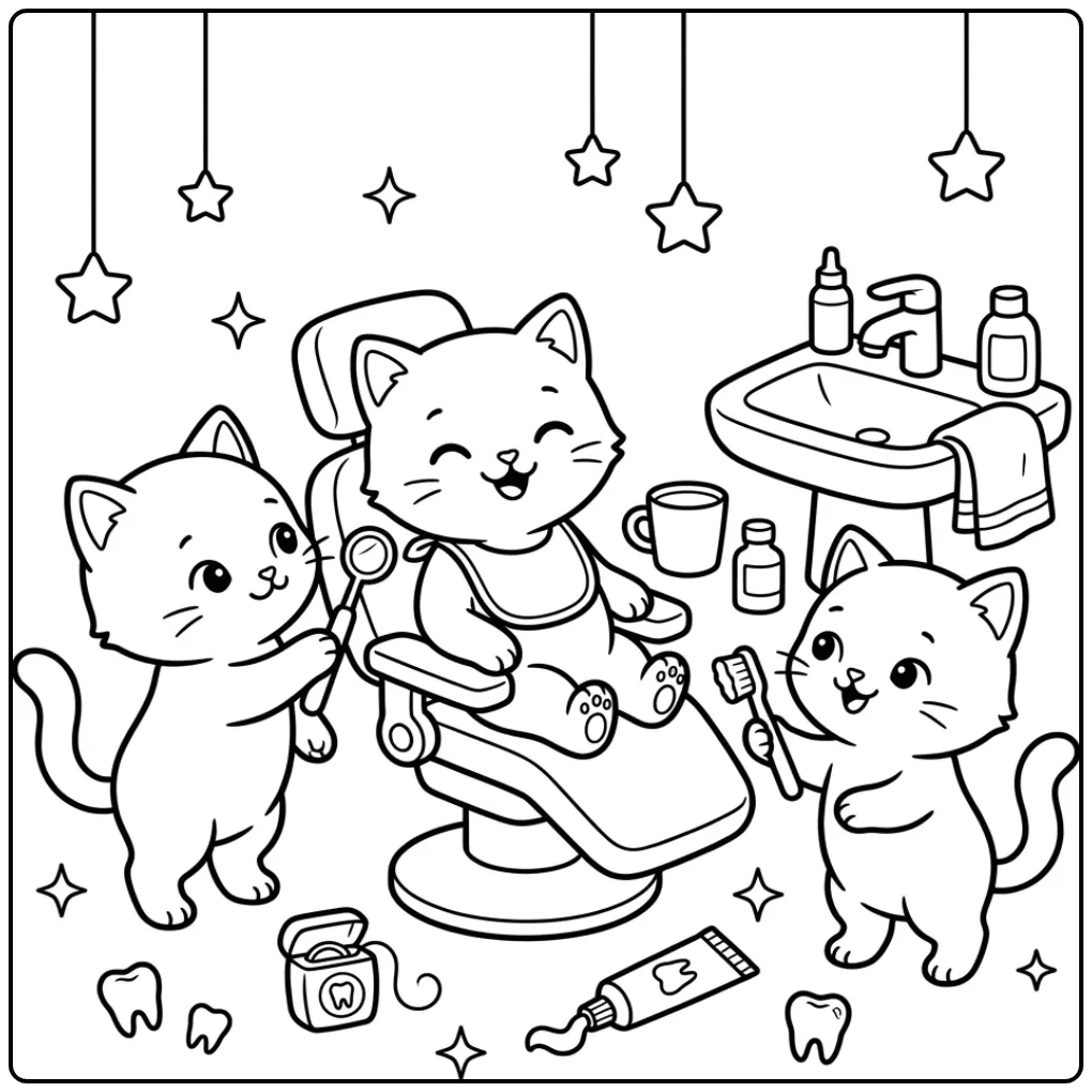 Drie vrolijke kleurplaat kittens met tandenborstel en spiegel.