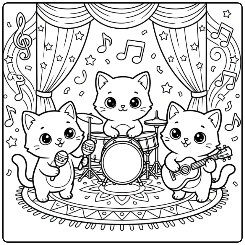 Muzikale kleurplaat kittens spelen drum en ukelele samen.