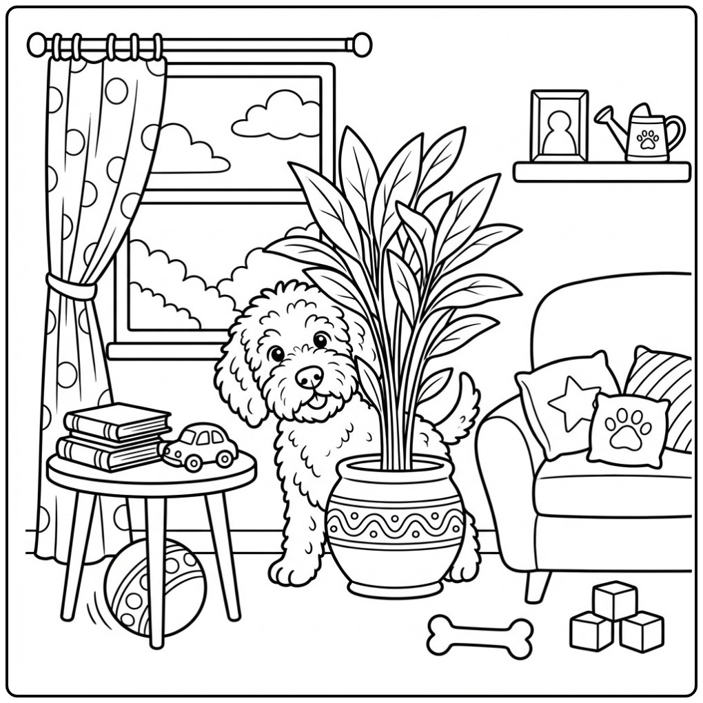 Een speelse kleurplaat labradoodle verstopt achter een plant.