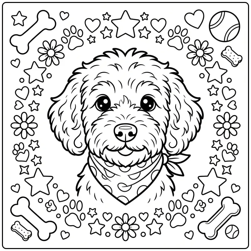 Portret kleurplaat labradoodle puppy tussen sterren