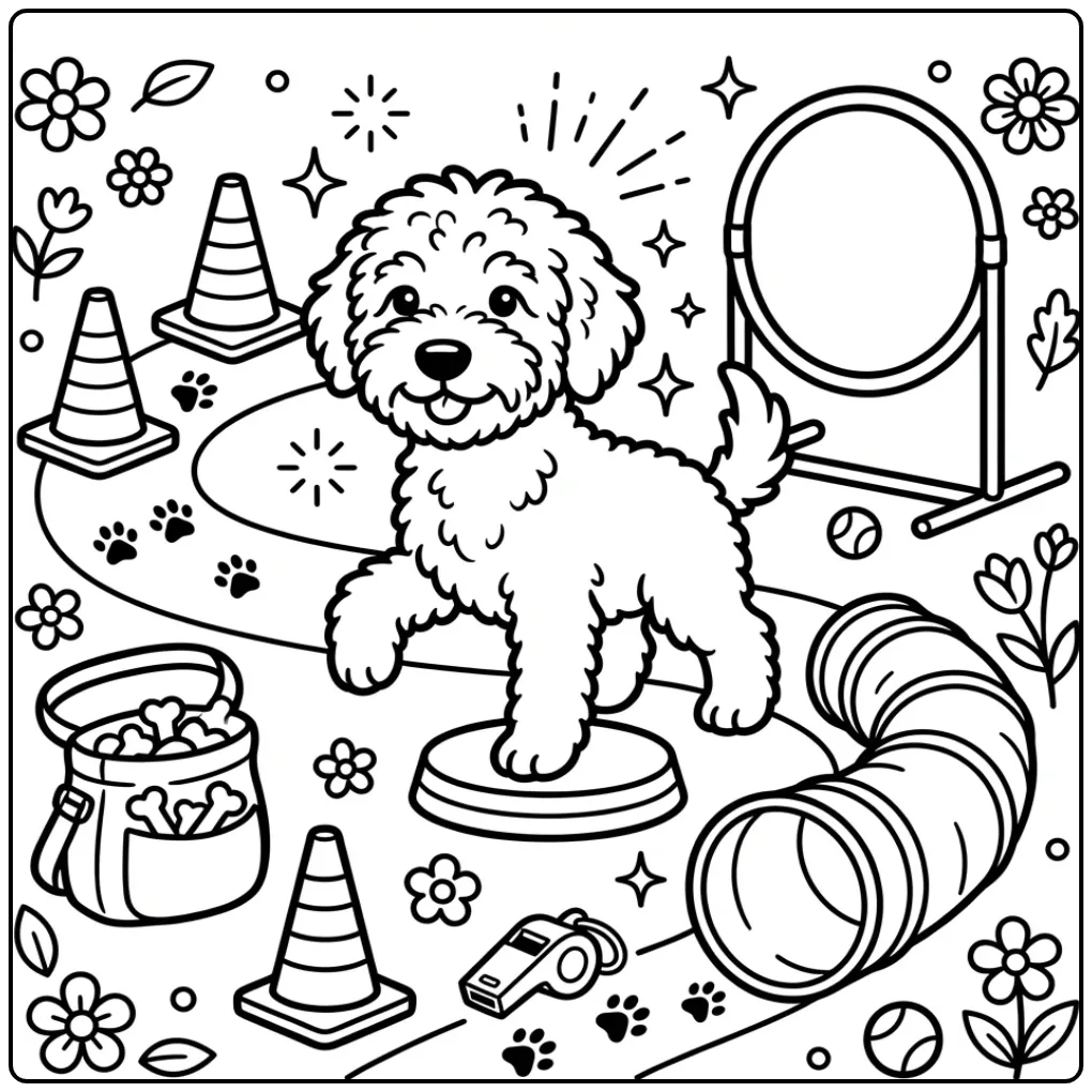 Leuke kleurplaat labradoodle puppy balanceert op een plateau.