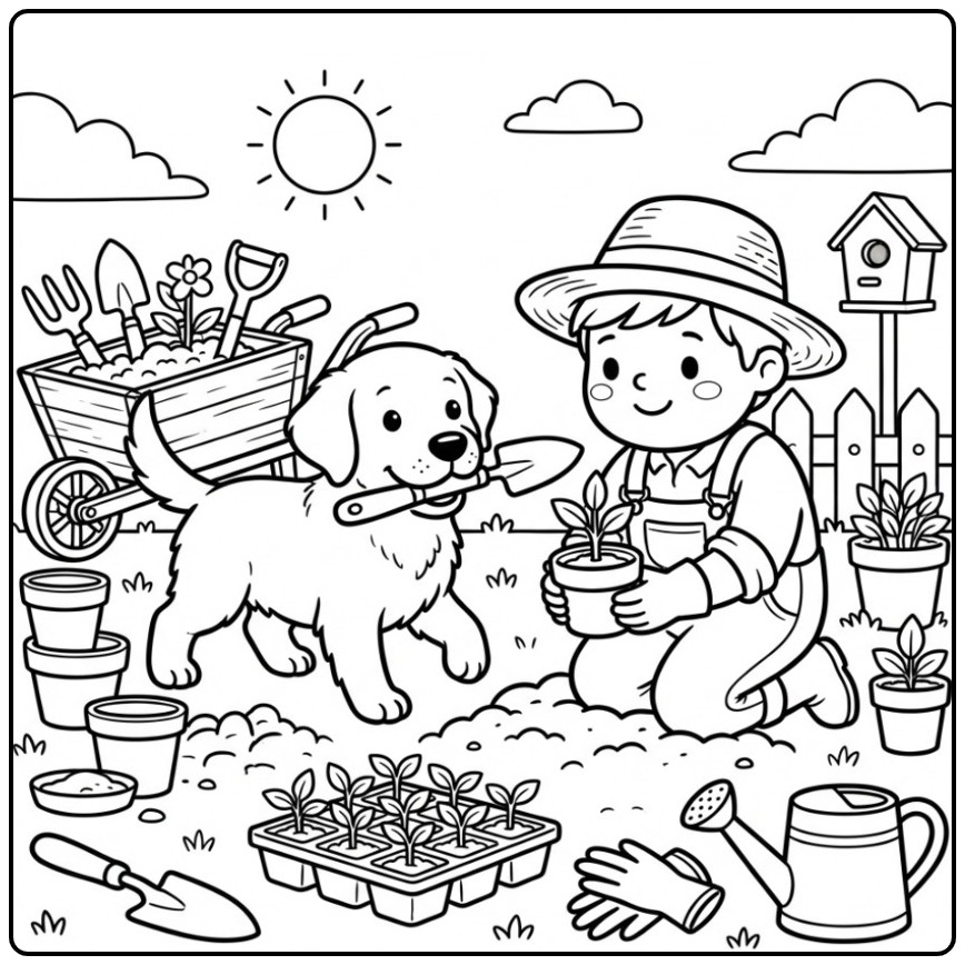 Vrolijke kleurplaat labrador met een jongen in de tuin.