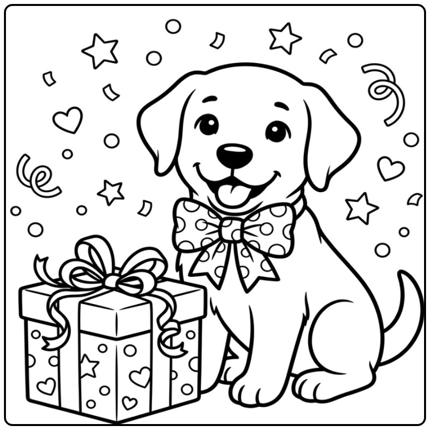 Een feestelijke kleurplaat labrador puppy met een groot cadeau.
