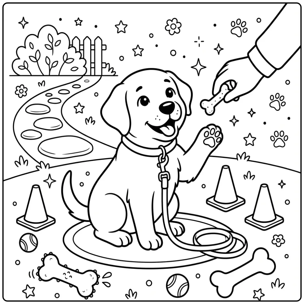 Vrolijke kleurplaat labrador puppy tijdens hondentraining.