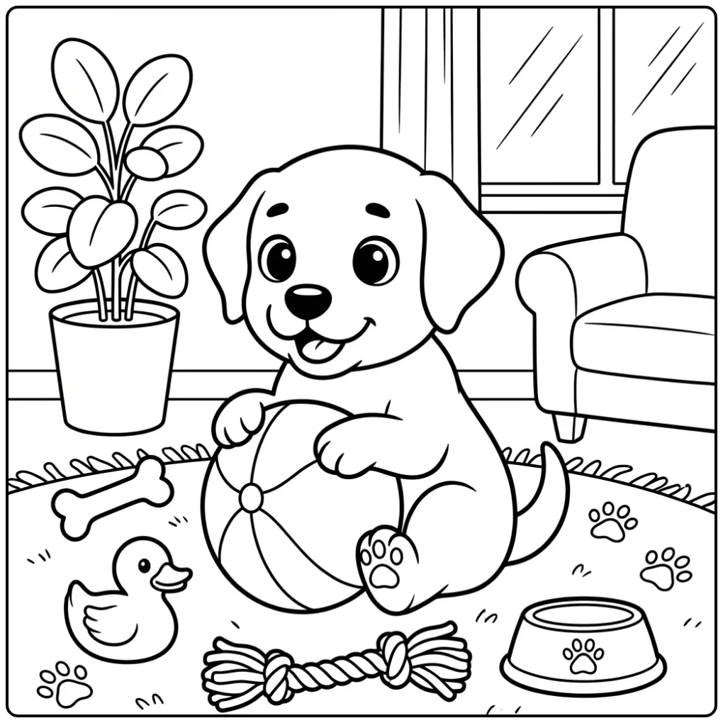 Vrolijke kleurplaat labrador puppy met een grote bal.