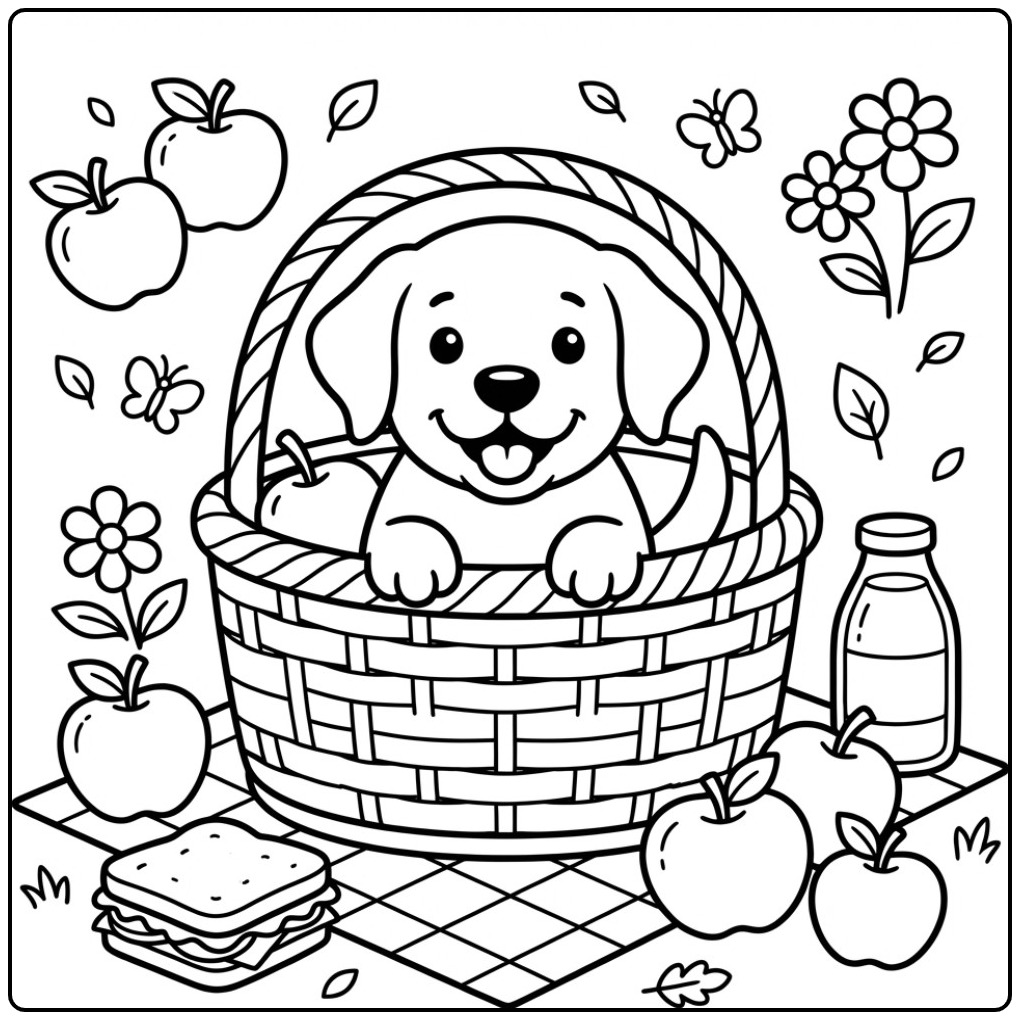 Vrolijke kleurplaat labrador puppy in een grote picknickmand.