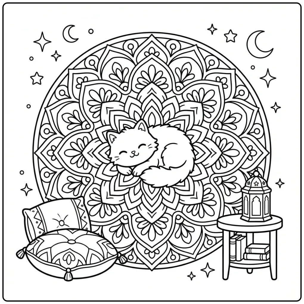 Pluizige kleurplaat mandala kat slaapt op een rond kleed.