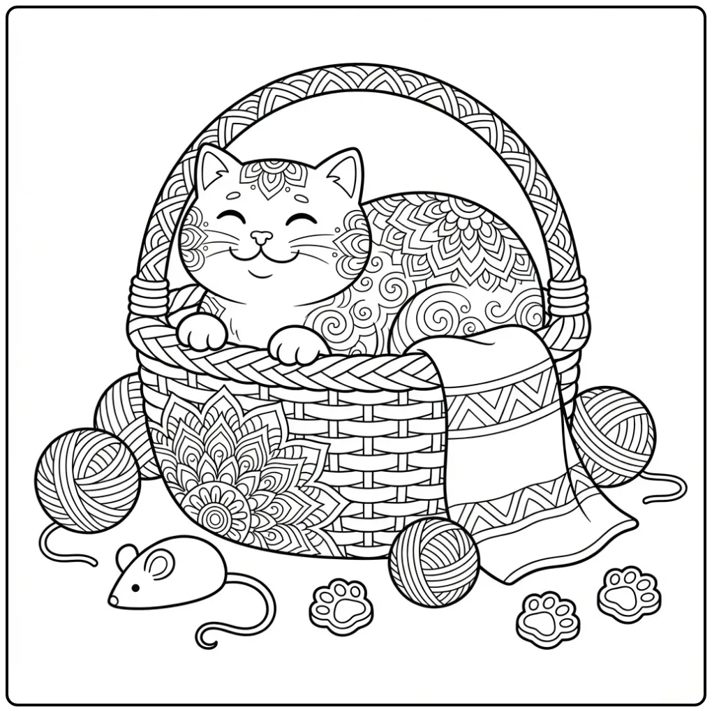 Kleurplaat mandala kat met wol en speelgoedmuis.