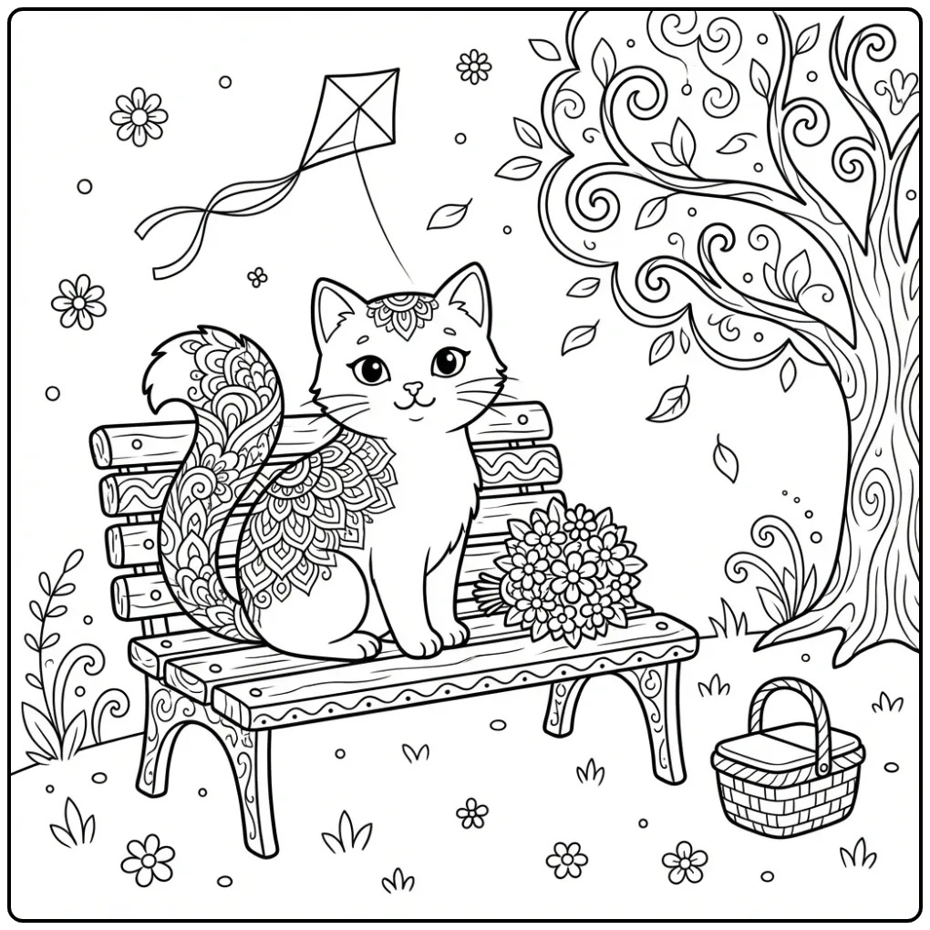 Kleurplaat mandala kat op een parkbankje met bloemen.