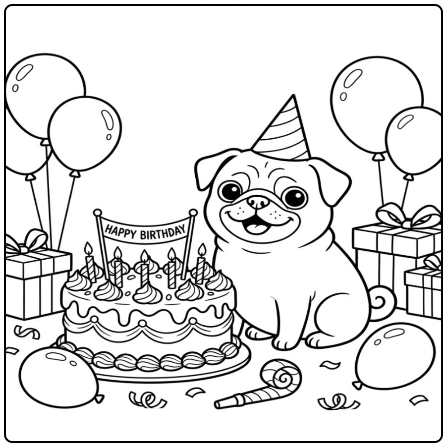 Vrolijke kleurplaat mopshond met een grote verjaardagstaart.