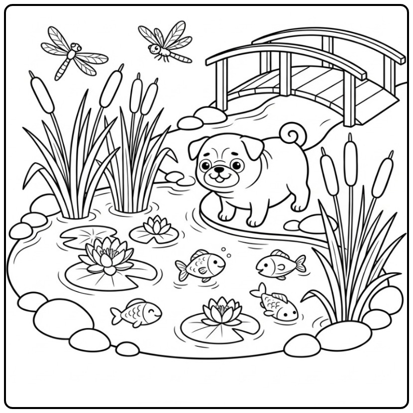 Een vrolijke kleurplaat mopshond bij een vijver met visjes.