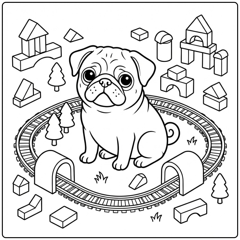 Een speelse kleurplaat mopshond met een treinbaan en blokken.
