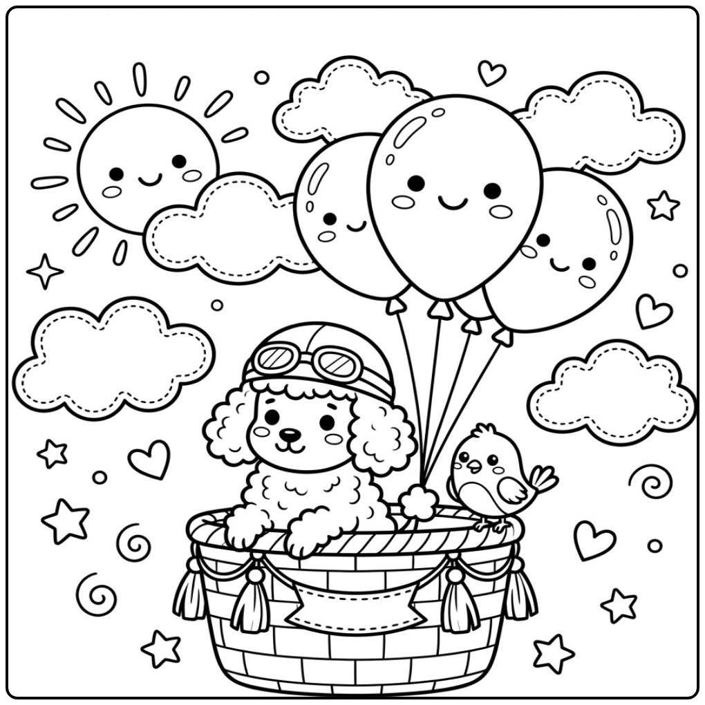 Leuke kleurplaat poedel in een mand met vrolijke ballonnen