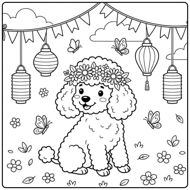 Vrolijke kleurplaat poedel met een bloemenkroon en lantaarns.