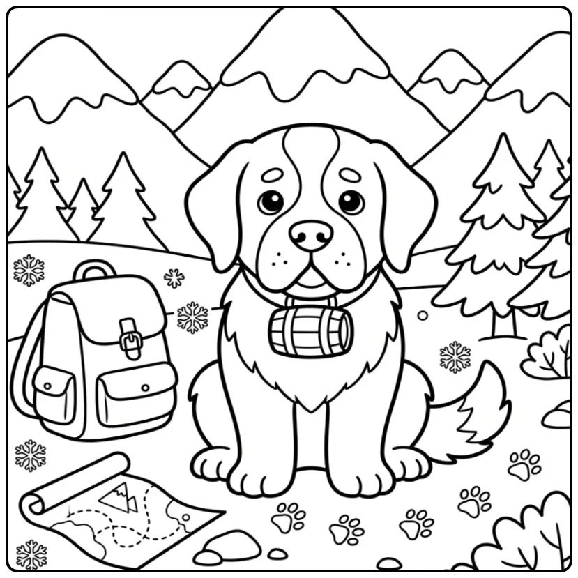 Kleurplaat puppy Sint Bernard als bergredder met tonnetje.