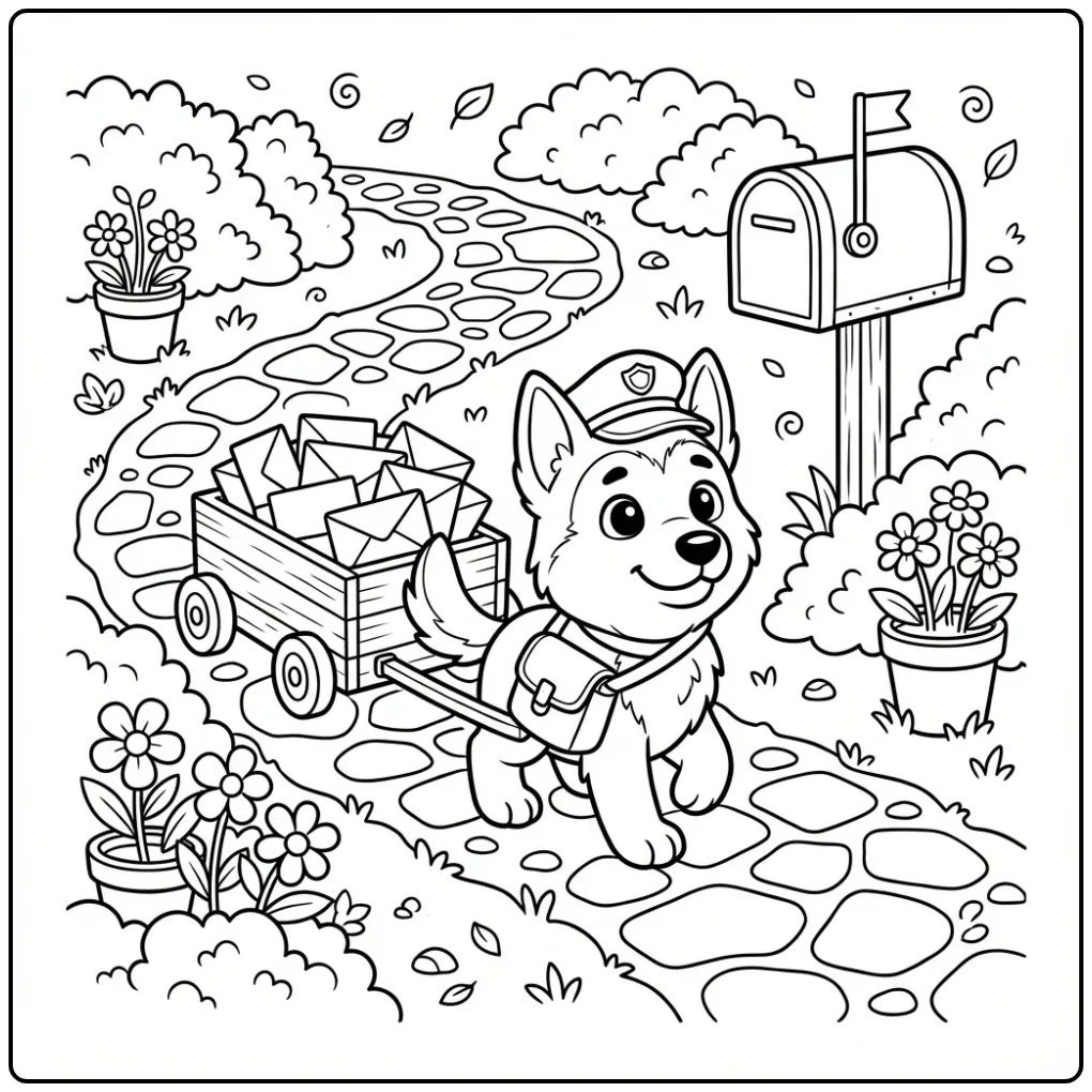 Kleurplaat puppy herder met postwagen en brievenbus.