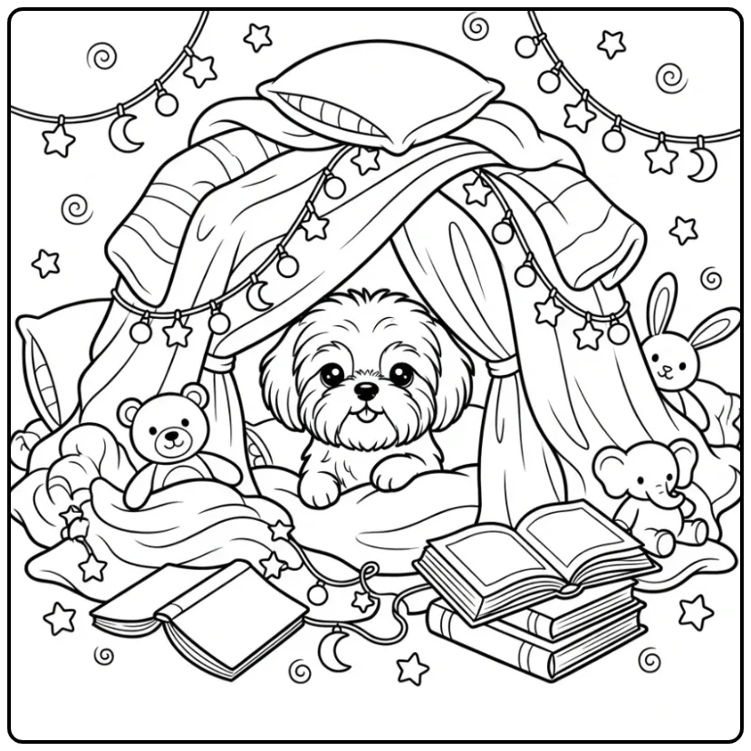 Kleurplaat puppy Shih Tzu in een knus kussenfort met lichtjes.