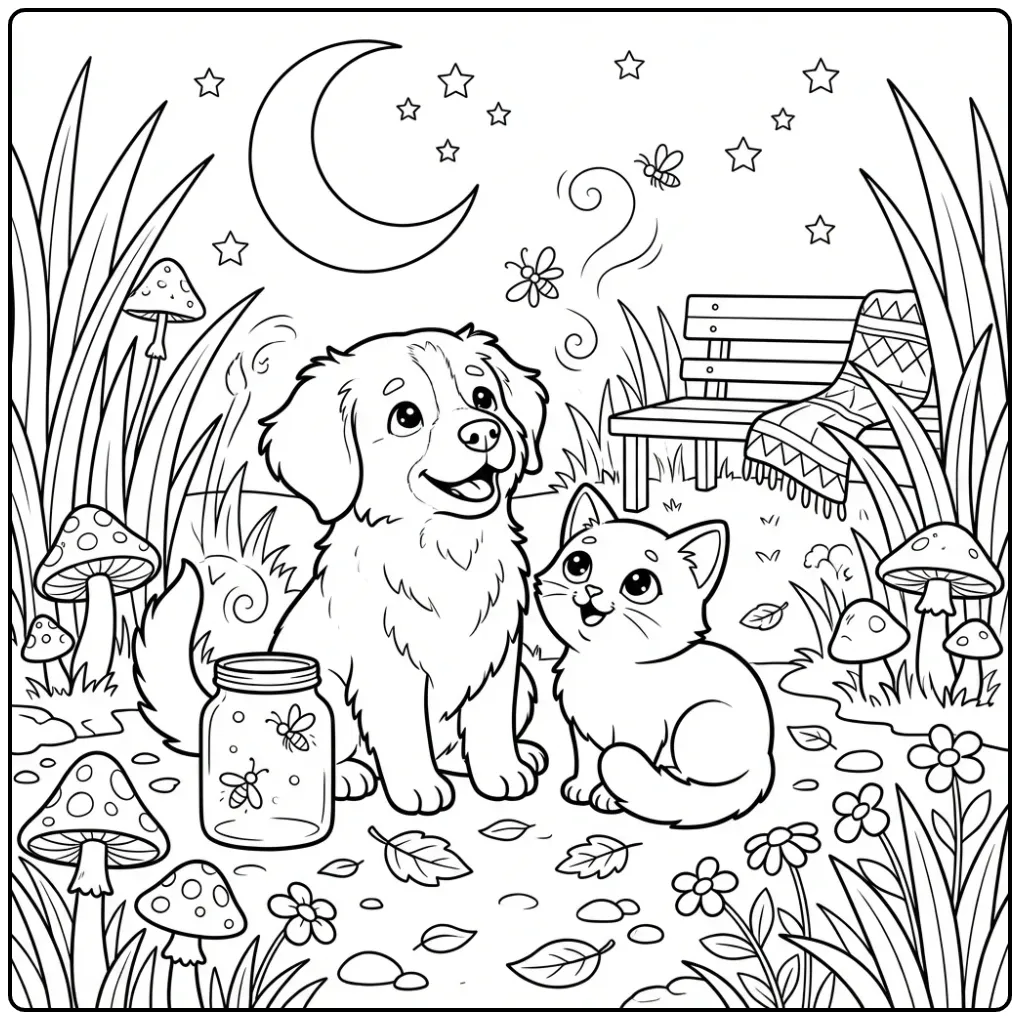 Kleurplaat puppy en kitten kijken naar vuurvliegjes in tuin