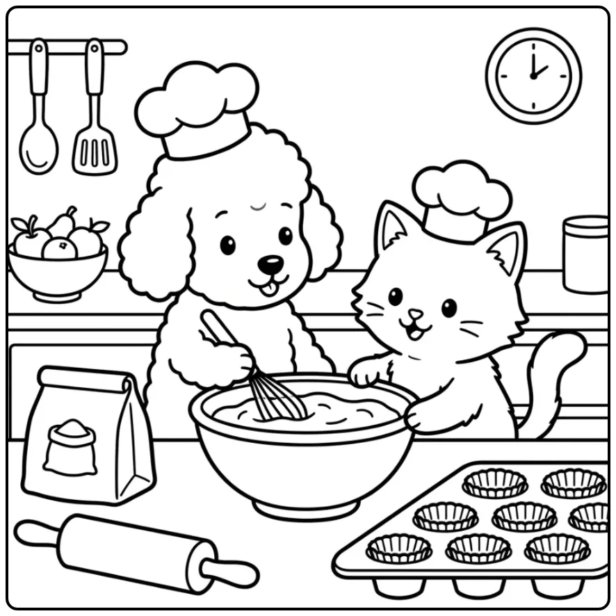 Vrolijke kleurplaat puppy en kitten die cupcakes bakken.