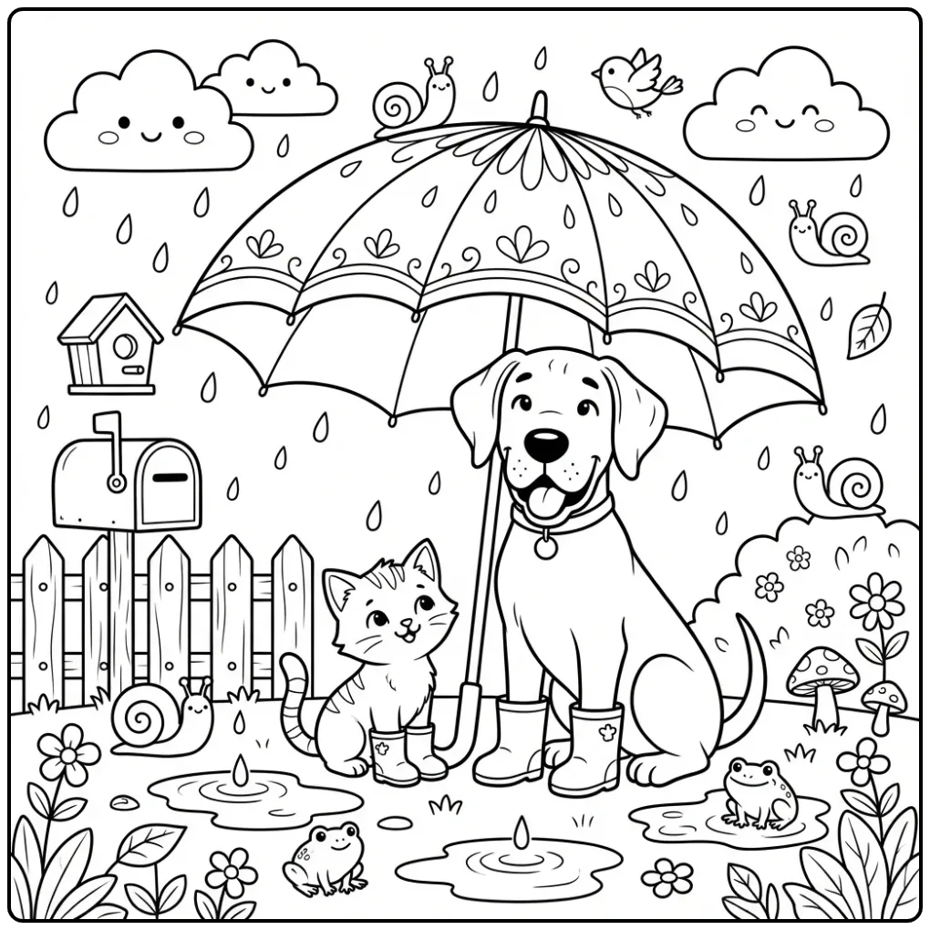 Een leuke kleurplaat puppy en kitten samen onder een paraplu.