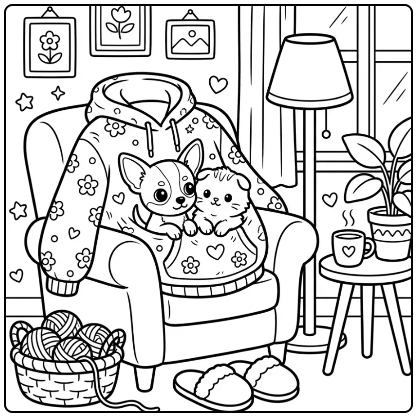 Een knusse kleurplaat puppy en kitten in een warme zak.