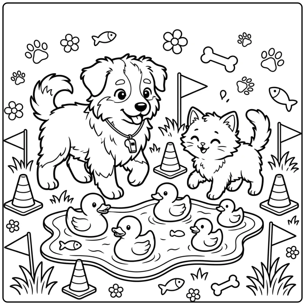 Australian Shepherd kleurplaat puppy en kitten spelen samen