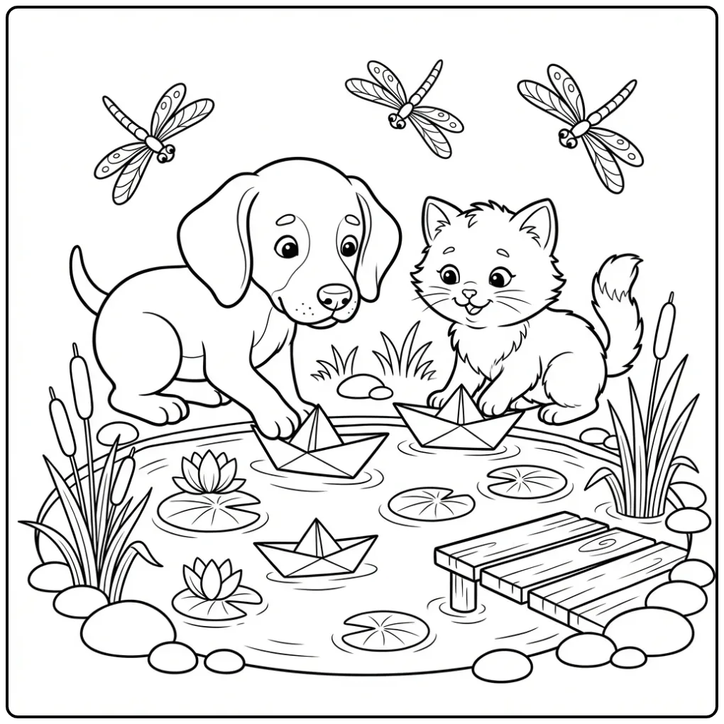 Kleurplaat puppy en kitten met papieren bootjes bij de vijver.