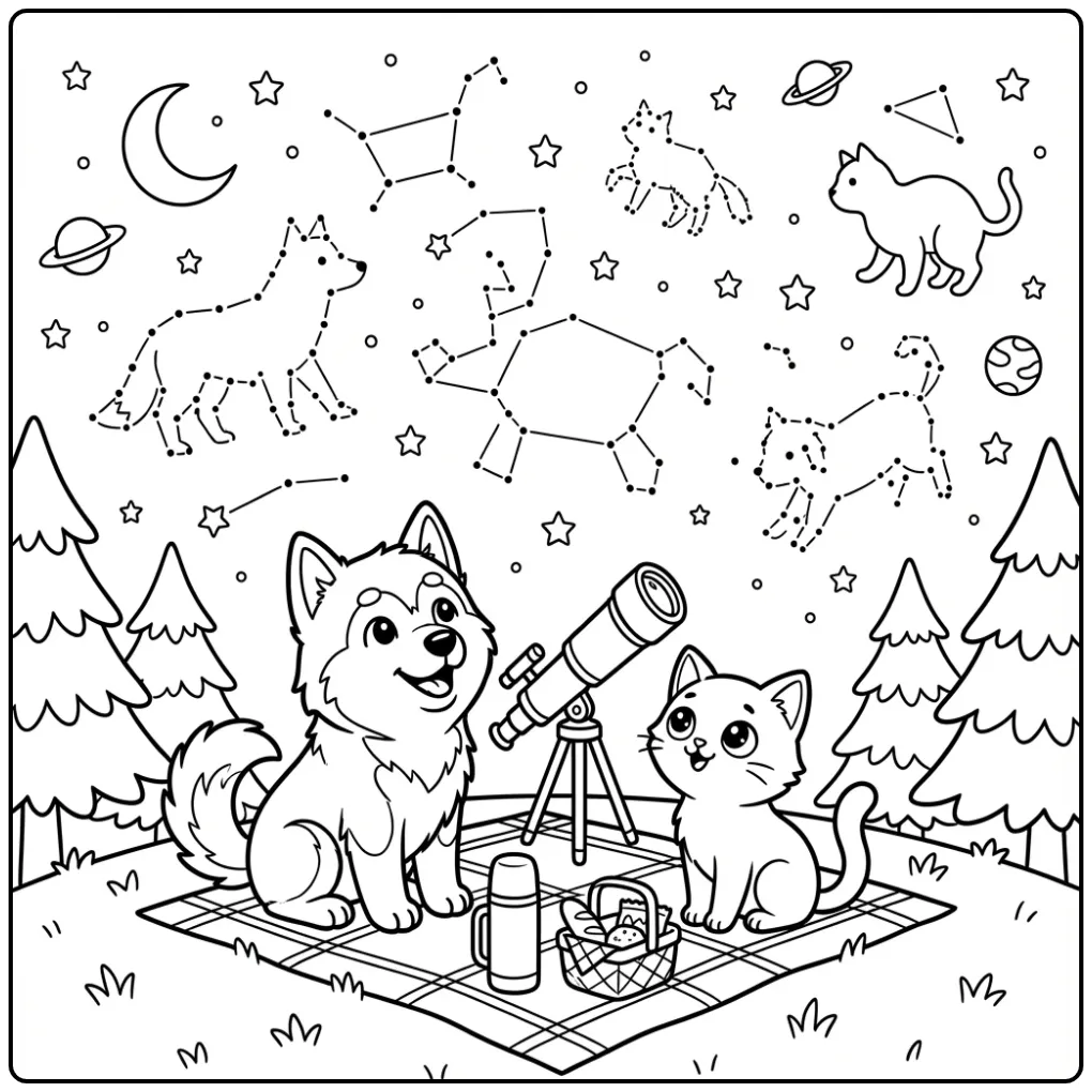 Leuke kleurplaat puppy en kitten kijken sterren met telescoop.