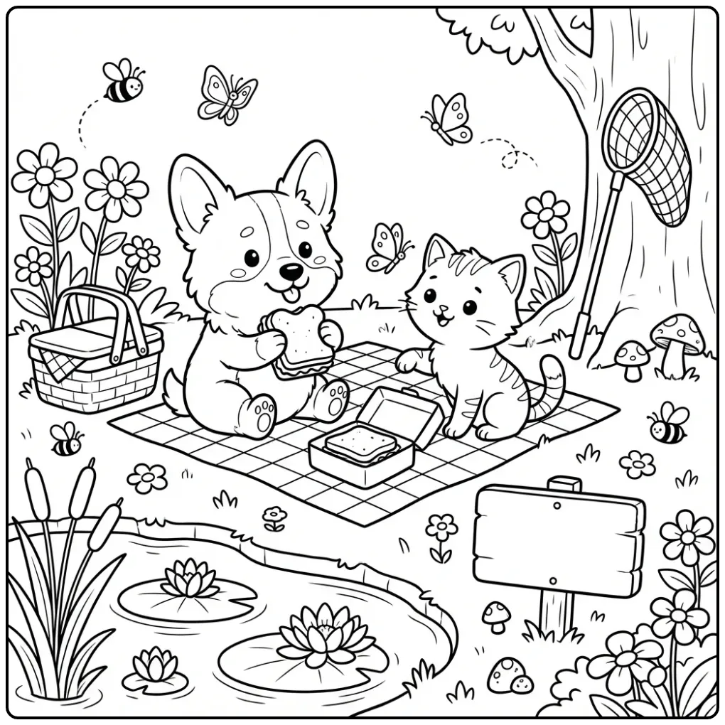 Kleurplaat puppy en kitten picknickend bij een kleine vijver