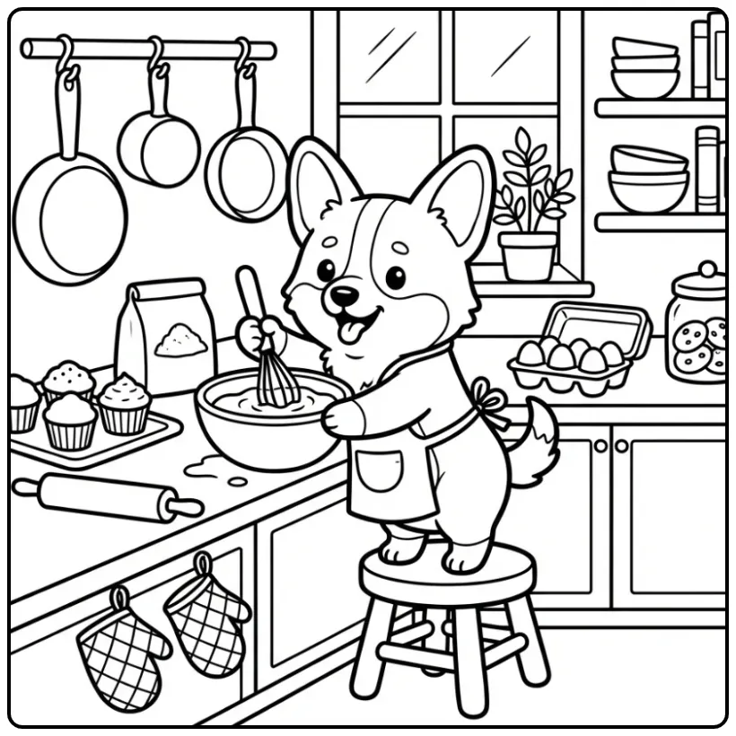 Een vrolijke kleurplaat puppy Corgi die cupcakes bakt.