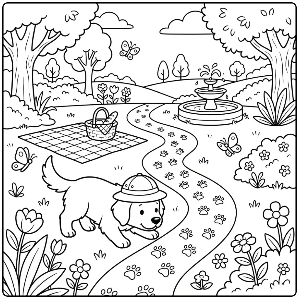 Kleurplaat puppy als ontdekkingsreiziger met hoedje.