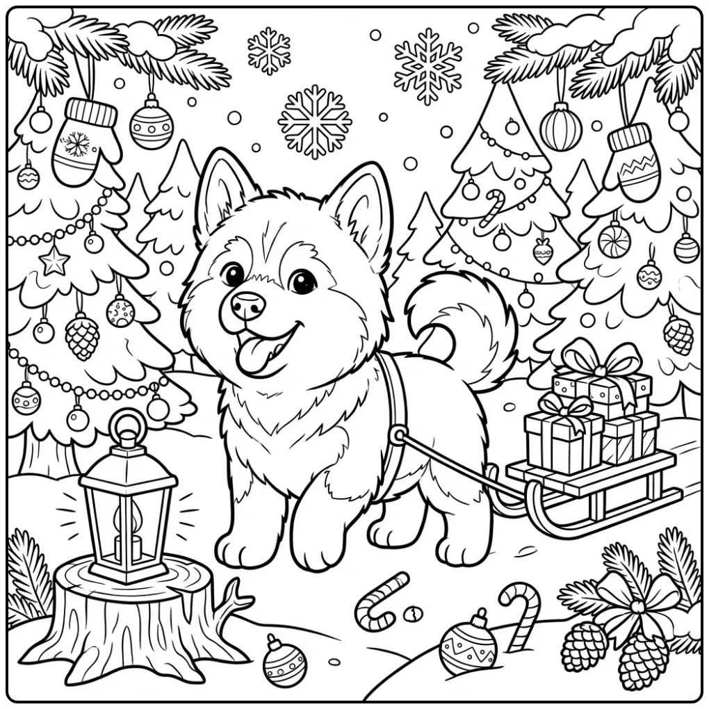 Kleurplaat puppy Alaskan Malamute trekt slee met cadeaus.