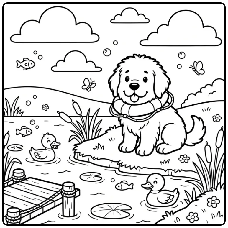 Newfoundlander kleurplaat puppy met zwemband bij het meer.