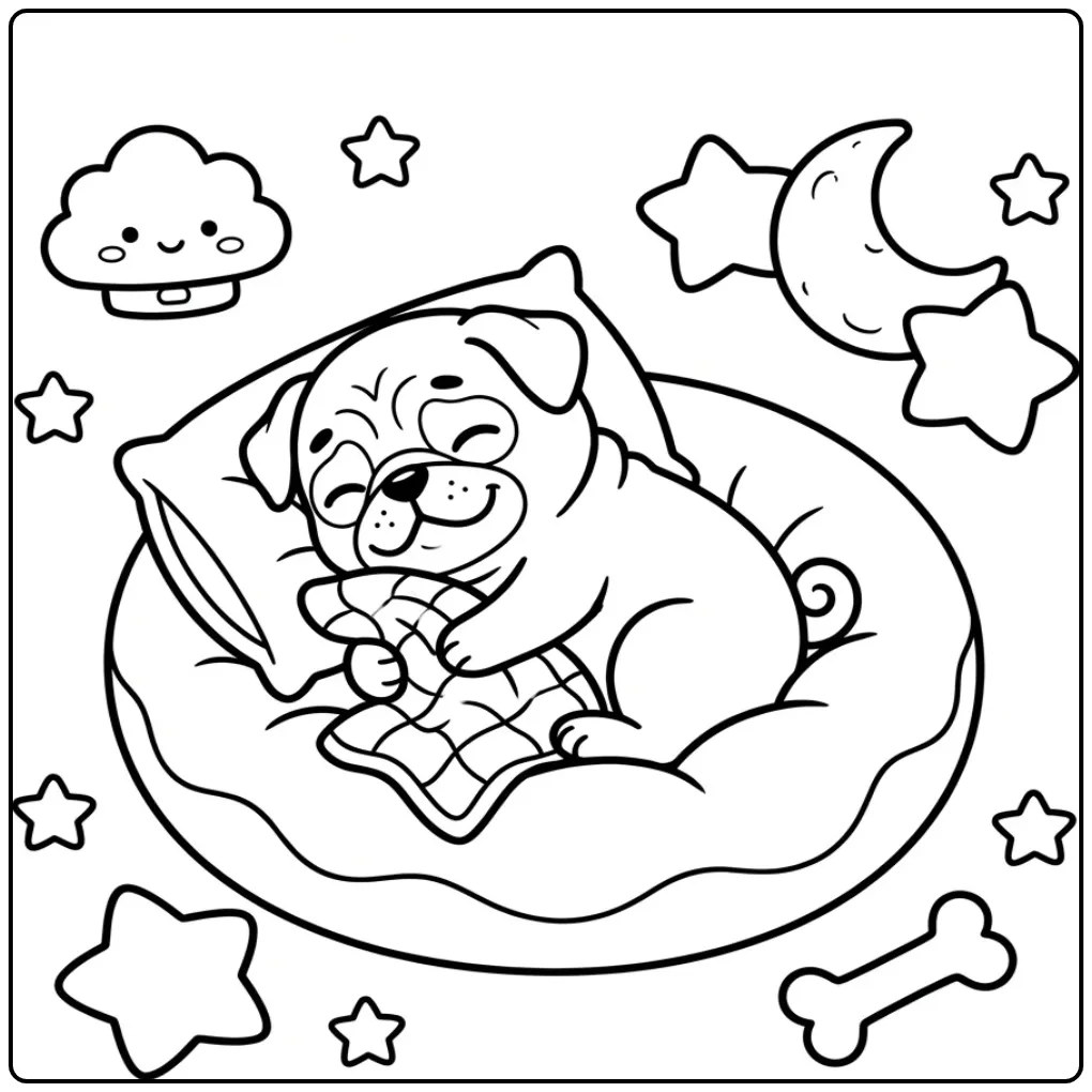 Kleurplaat puppy mops slapend in een mand met dekentje.