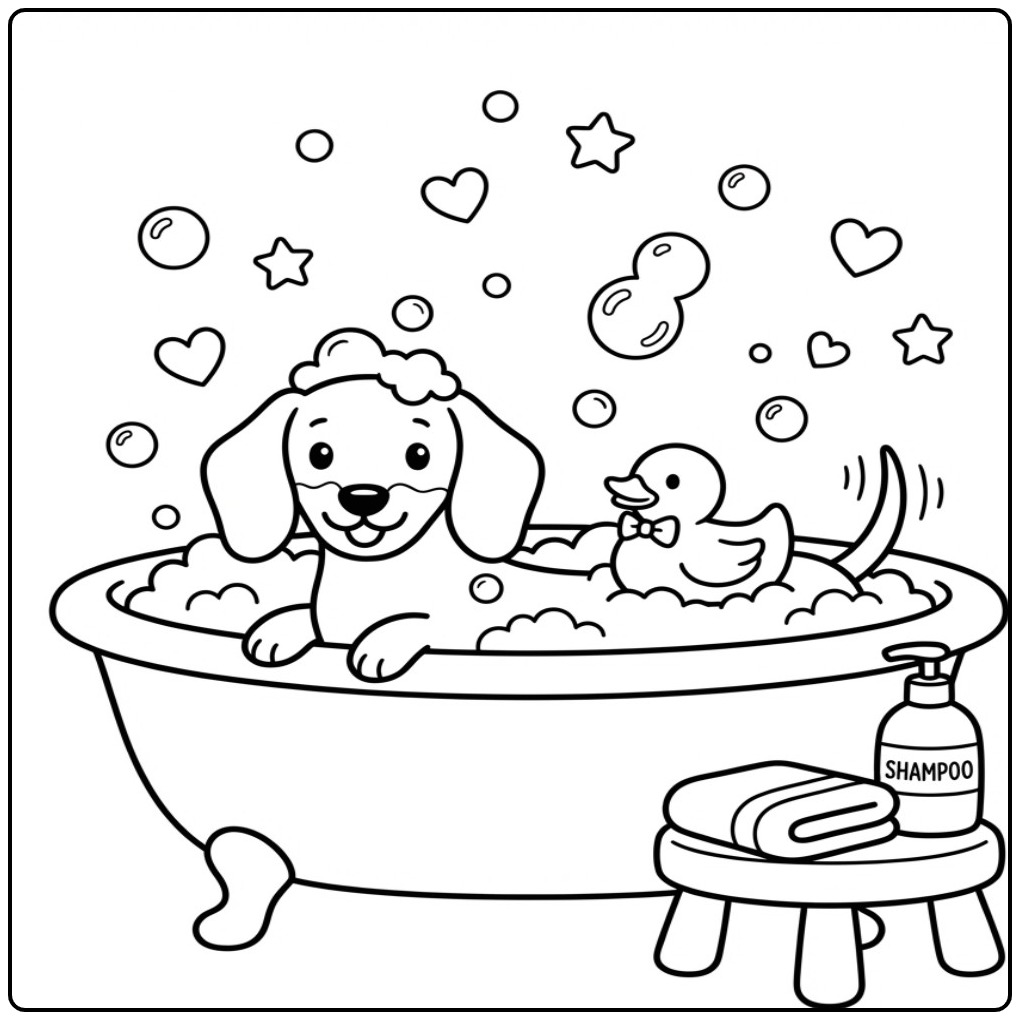 Een vrolijke kleurplaat teckel in een bad vol met bellen.