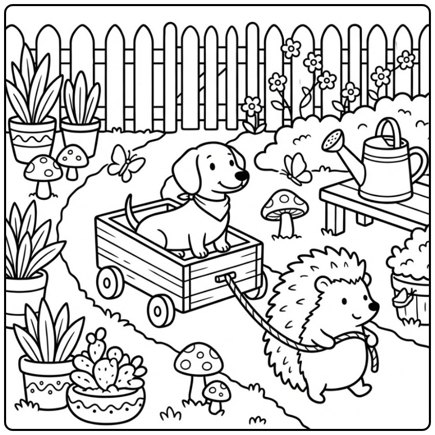 Een egel trekt een wagentje met een leuke kleurplaat teckel.