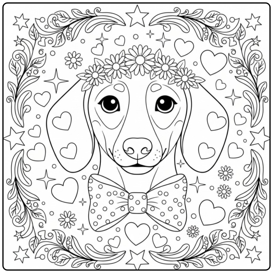 Een lieve kleurplaat teckel met een bloemenkrans en strikje.