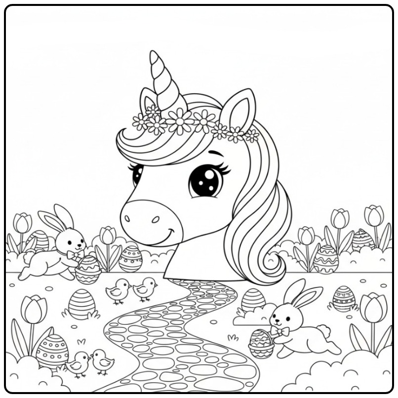 Vrolijke Kleurplaat unicorn hoofd Pasen met konijntjes en eieren.