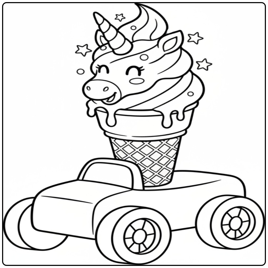 Leuke kleurplaat unicorn ijsje in een auto, perfect voor kinderen.