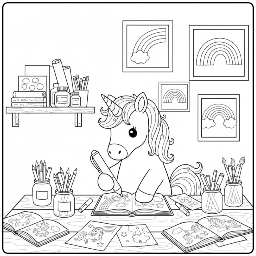 Een creatieve kleurplaat unicorn regenboog aan een bureau vol.