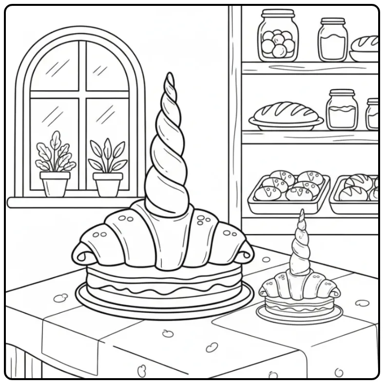 Een vrolijke kleurplaat unicorn taart gemaakt van croissants.