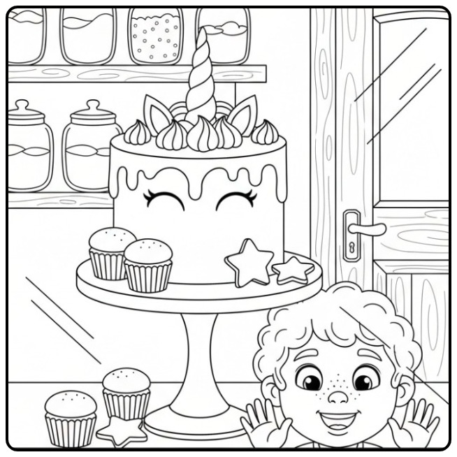 Vrolijk kindje bij een magische kleurplaat unicorn taart.